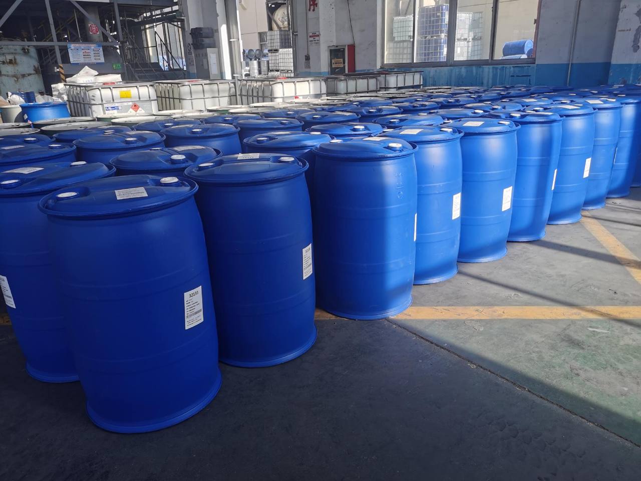 Finished goods warehouse with drums staged for dispatch
